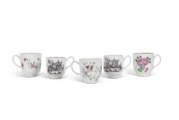 A group of five 18th Century English porcelain coffee cups including a Bow Famille Rose example