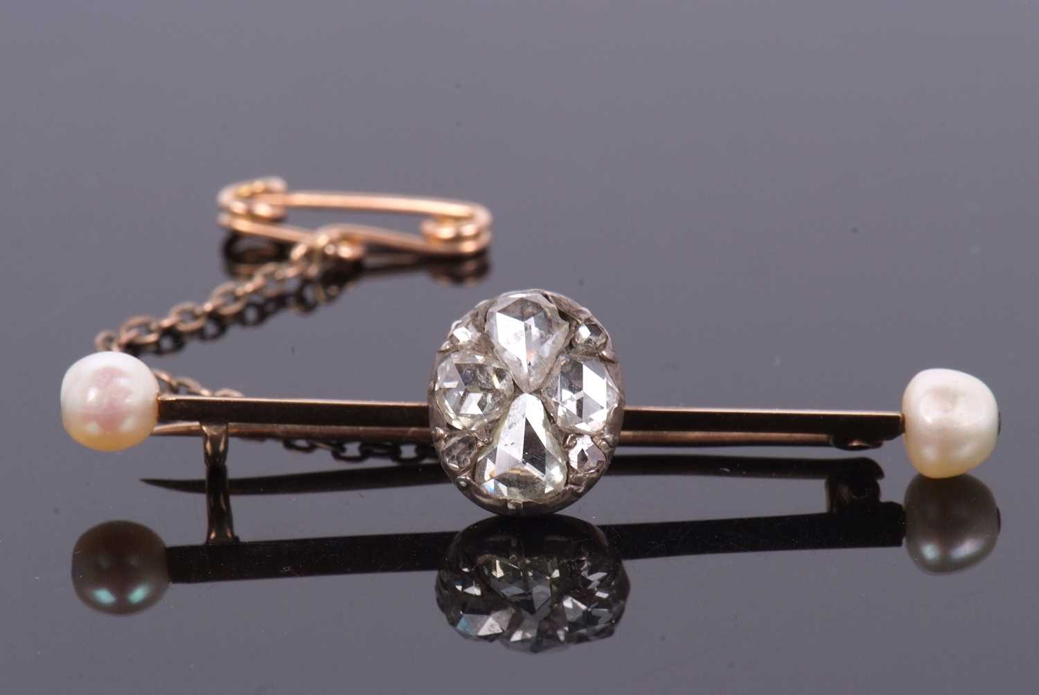 A diamond and 'pearl' bar brooch, the centre set with rose cut diamonds, total estimated approx. 1. - Image 11 of 12