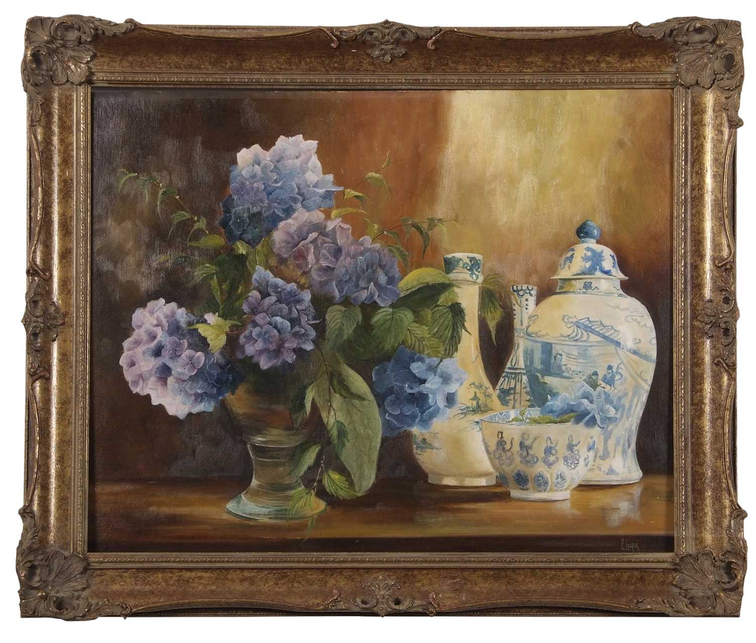 British School, 20th century, Still life with lilac flowers and blueware, oil on board, - Image 10 of 12
