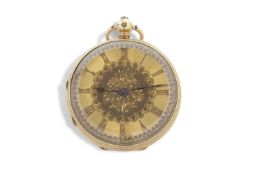 An 18ct gold open face pocket watch marked 18 inside of the case back and movement cover, it has a