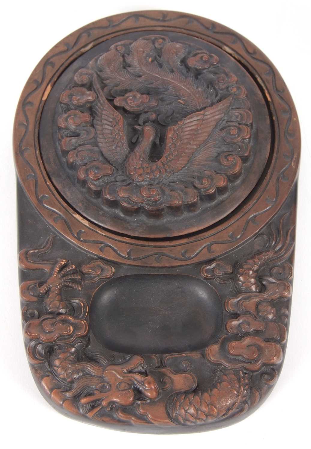 A Chinese carved box and cover, the cover incised with a peacock and the box with a dragon, - Image 2 of 10