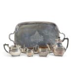 Victorian silver five piece presentation tea service, the twin handled tray of rectangular form