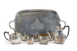 Victorian silver five piece presentation tea service, the twin handled tray of rectangular form