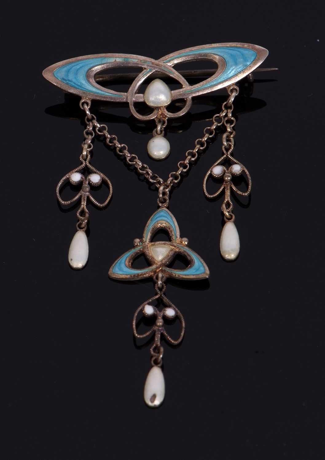 A continental Art Nouveau silver and enamel brooch by Clement Berg, the top set with pale blue - Image 2 of 7