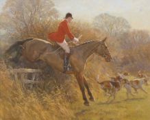 Frederick J. Haycock (British, b.1948), Huntsman on horseback with hounds, oil on canvas, signed,