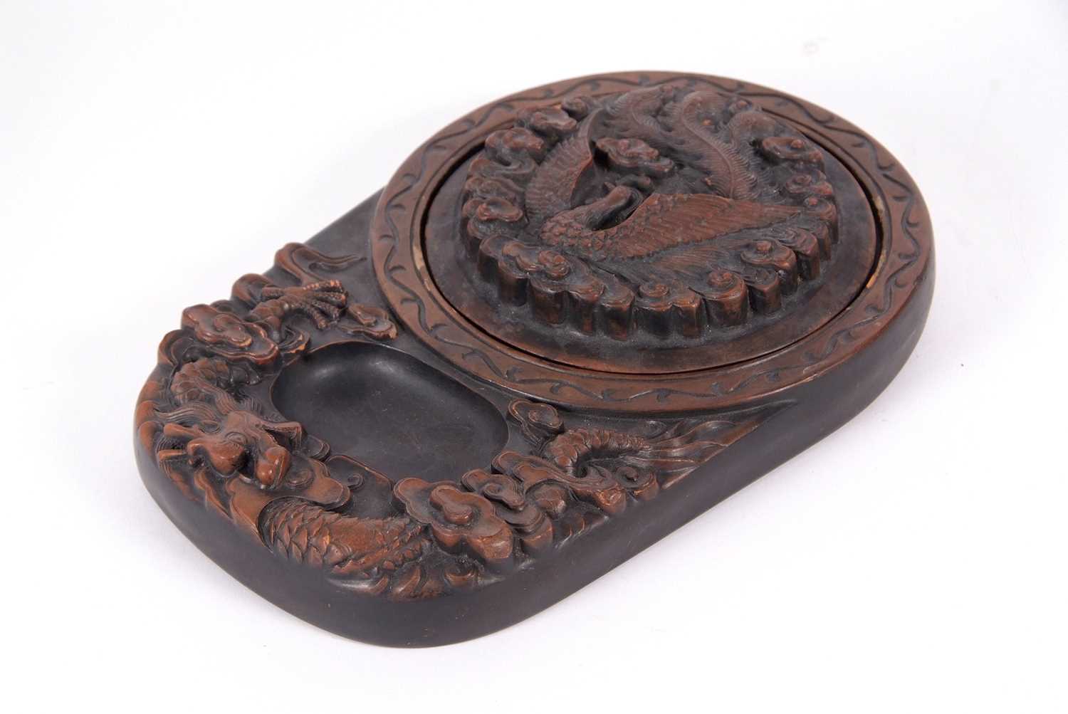 A Chinese carved box and cover, the cover incised with a peacock and the box with a dragon, - Image 9 of 10