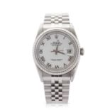 A gents Rolex Datejust 36, reference 16220, the watch has a white dial with Roman numeral hour