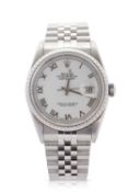 A gents Rolex Datejust 36, reference 16220, the watch has a white dial with Roman numeral hour