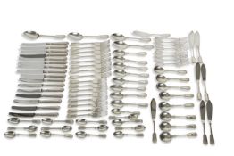 An Elizabeth II silver fiddle, thread and shell pattern seventy four piece cutlery set to include
