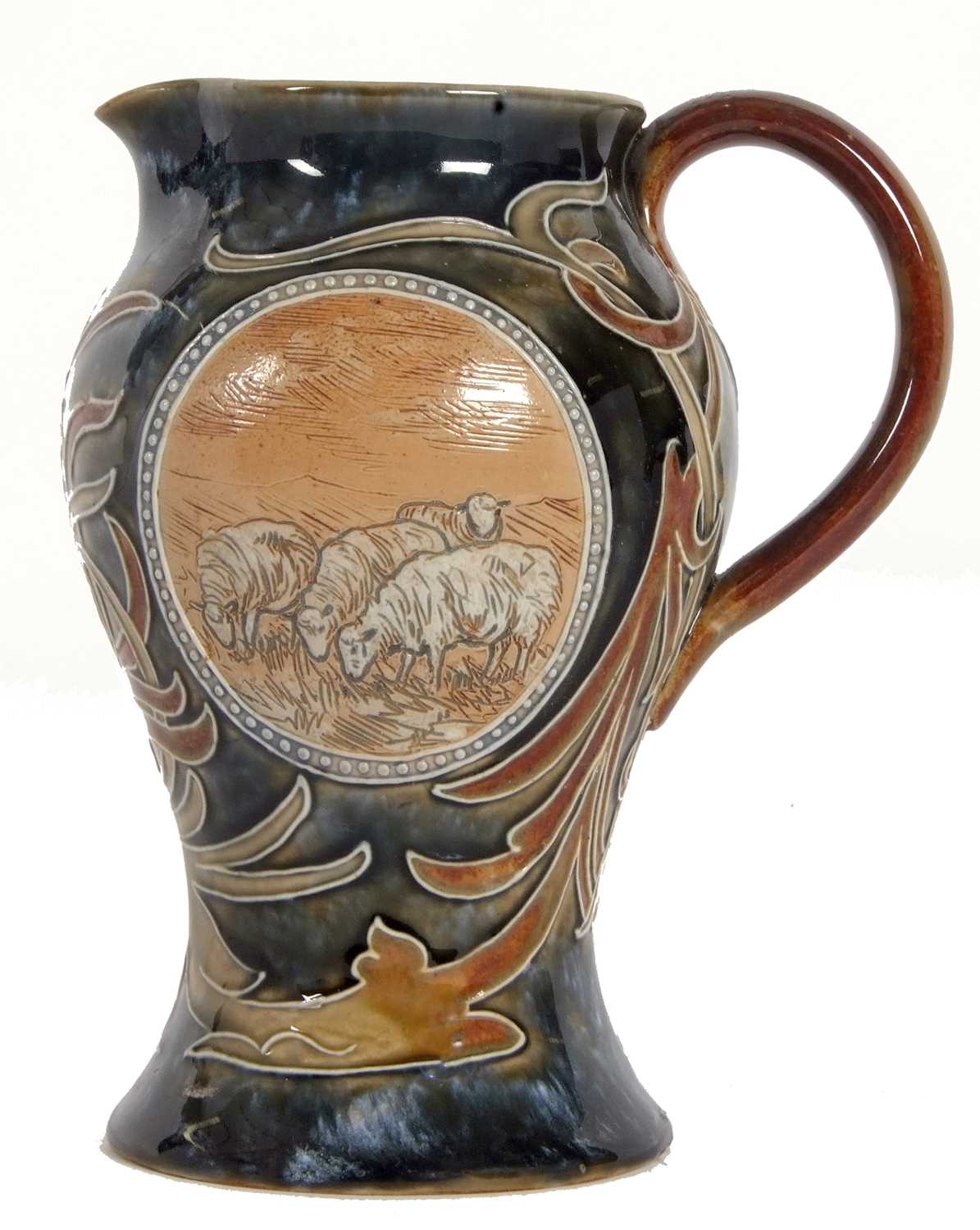 Royal Doulton jug of baluster form with incised Art Nouveau decoration and oval panels of sheep by - Image 2 of 6