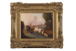 Continental School, circa 19th century, pastoral landscape scene with cattle and goats fording on