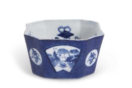 An unusual Bow porcelain octagonal small shaped bowl, c.1765 the blue ground with Chinoiserie