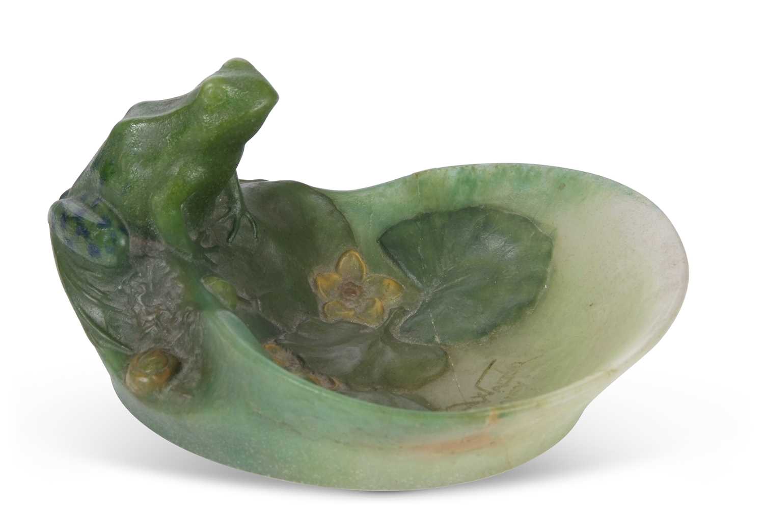 An Almeric Walter pate de verre dish c1920 designed by Henri Berge modelled as a green coloured frog