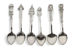 Six early 20th Century silver Arts & Crafts teaspoons, stamped Cymiric and hallmarked for Birmingham