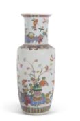 Large Chinese 19th Century porcelain vase of cylindrical form with a polychrome design of flowers