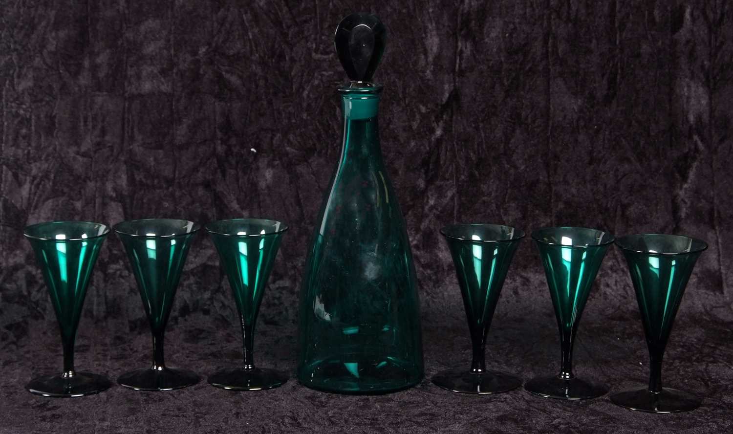 A 19th Century Bristol glass decanter and stopper of mallet shape together with six wine glasses all - Image 3 of 3