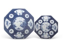 Bow porcelain plate of octagonal shape, circa 1765, the blue ground with panels of Chinoiserie