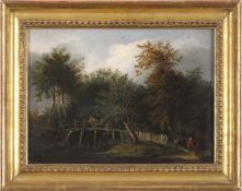 Edward Williams (British,1781-1855), Figures walk over a bridge in a woodland setting, oil on board,