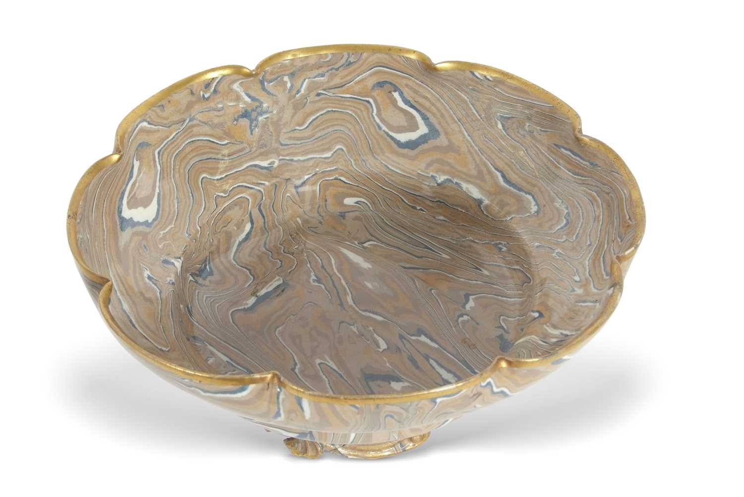 A large shaped Agate ware bowl by Doulton Lambeth in the marquetiere with Doulton & Rix patent