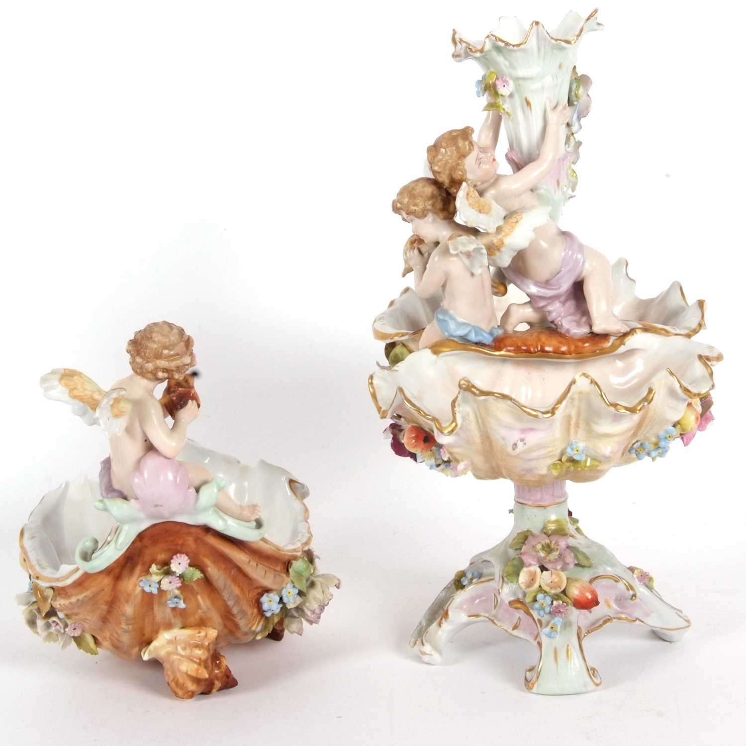 A late 19th Century continental porcelain shell moulded centre piece, the stem with two putti and - Image 4 of 11