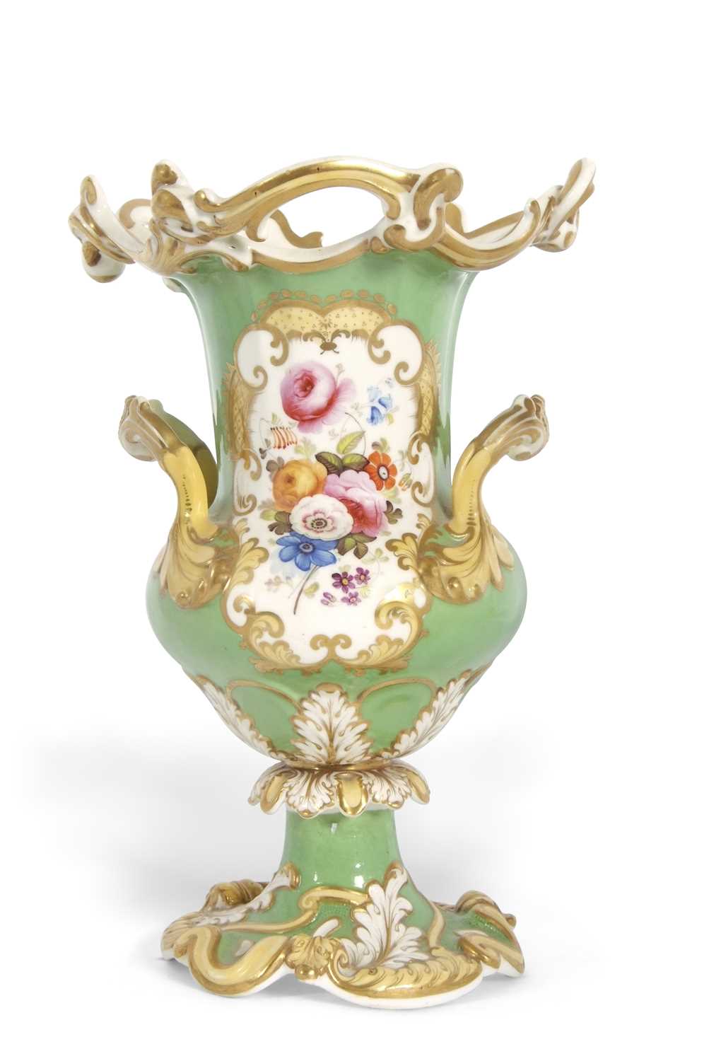 A 19th Century Coalport style vase, the central panel finely painted with floral spray on cream