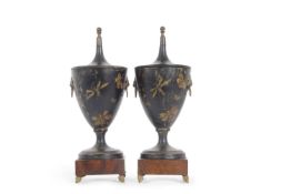 Golfar & Hughes, London a pair of hand painted toleware covered vases decorated with insects on a