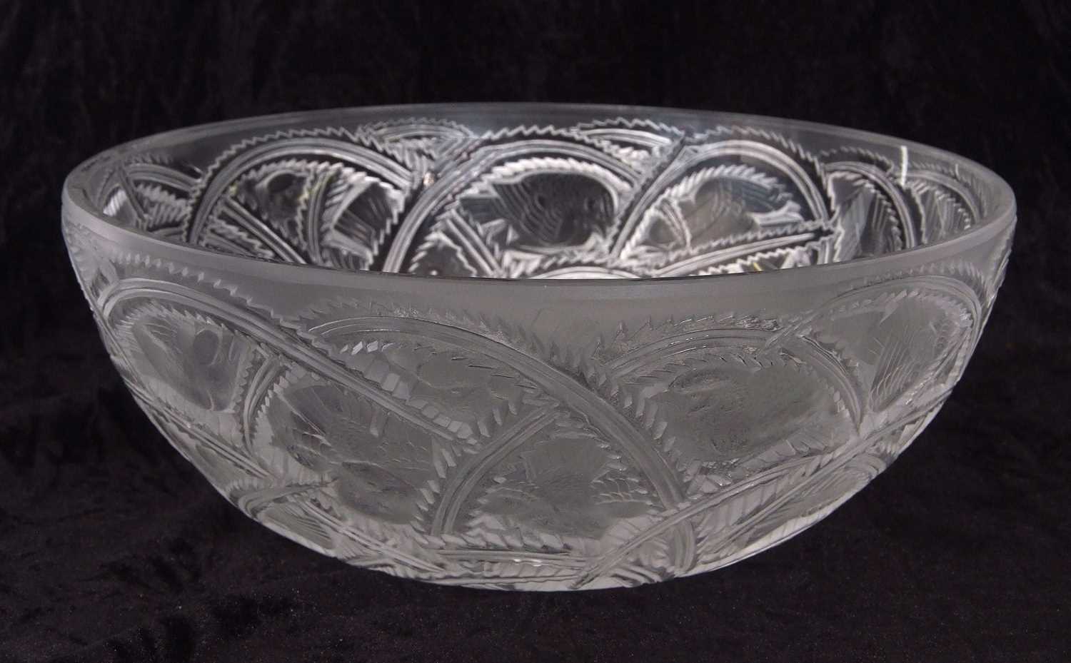 A post war Lalique dish in the Pinsons pattern with engraved mark to base 24cms diameter good