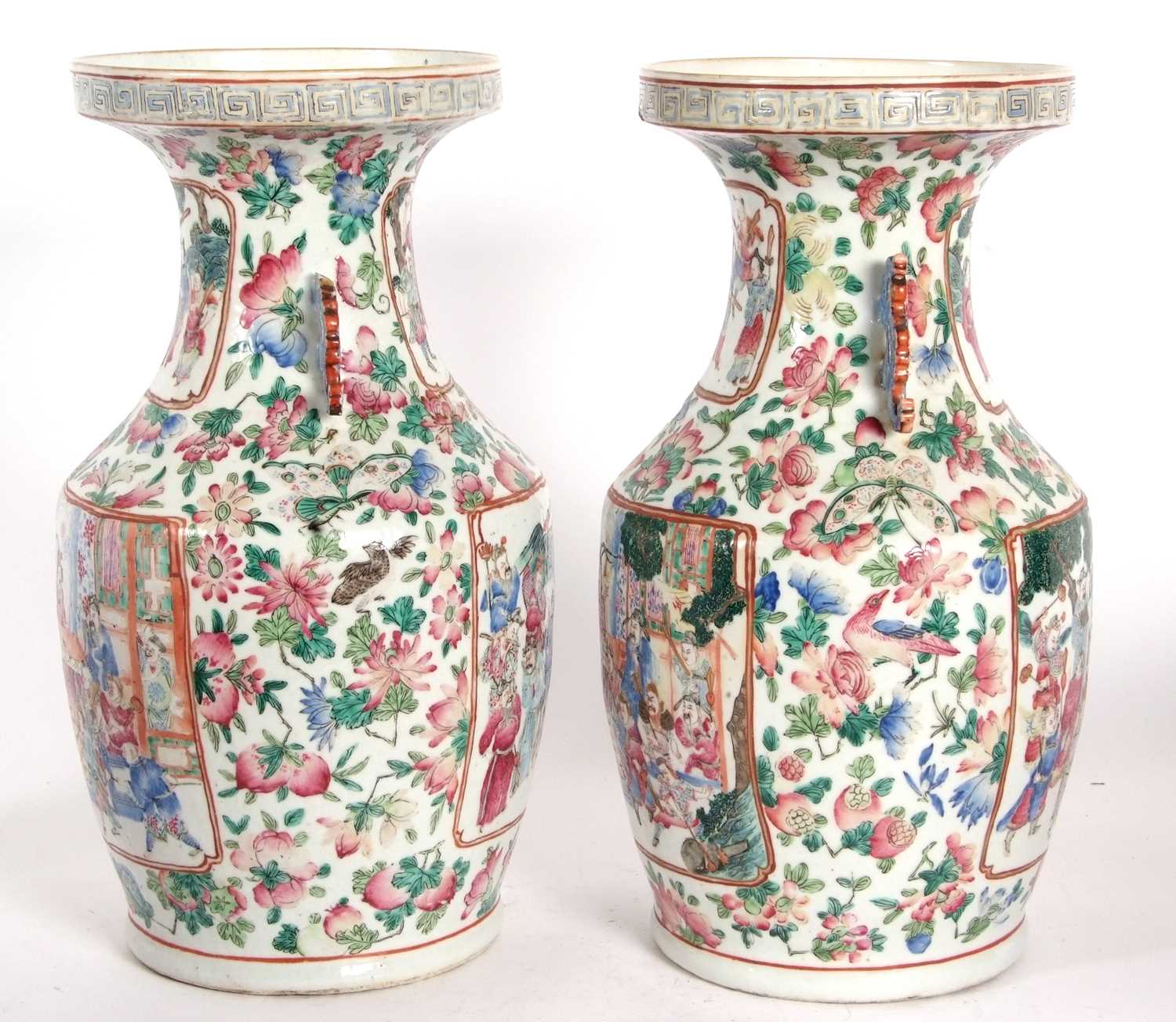 A pair of late 19th Century Cantonese vases decorated in famille rose with panels of Chinese - Image 3 of 7