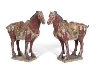 A large pair of Chinese Tang Dynasty style horses on rectangular bases, painted in typical