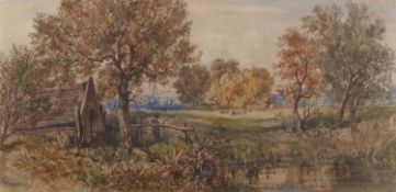John Joseph Cotman (British,1814-1878), 'Shepherd in a Landscape', watercolour, signed, 74x35cm,