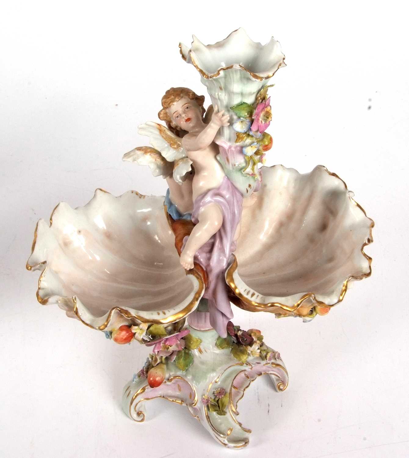 A late 19th Century continental porcelain shell moulded centre piece, the stem with two putti and - Image 8 of 11