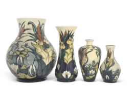 Group of Moorcroft pottery vases, all with designs in the Lamia pattern with bullrushes and