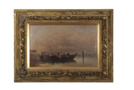 A.Vescovi (Italian,19th century), Fisherfolk on the shoreline, oil on canvas, signed,16x26ins,