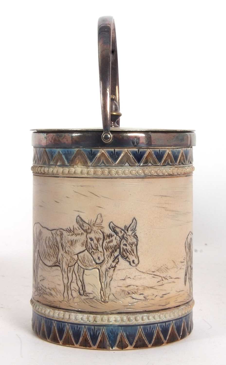 A Doulton Lambeth biscuit barrel with plated rim and cover with a central frieze of incised - Image 4 of 6