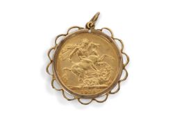 A George IV Sovereign dated 1913 framed in a 9ct gold pendant mount. Gross weight 9.6gms