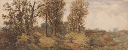 John Joseph Cotman (British,1814-1878), Autumnal countryside with a trio of figures walking along