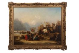 William Shayer (British,1787-1879), Harbour scene (possibly Yarmouth) with fisherfolk, horses and