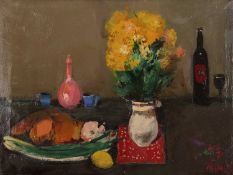 Alexy Lantsev (Russian b. 1970 - ) Still life with a bottle of wine (titled inscribed verso), oil on