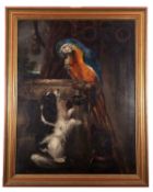 Victorian school, Macaw and Parrot with two dogs in interior, oil on canvas (relined), 69x89cm,