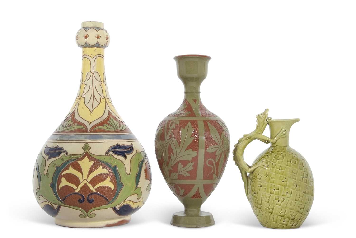 A group of Art Pottery wares including a Salopian vase in the Rhodian pattern, a small Burmantofts