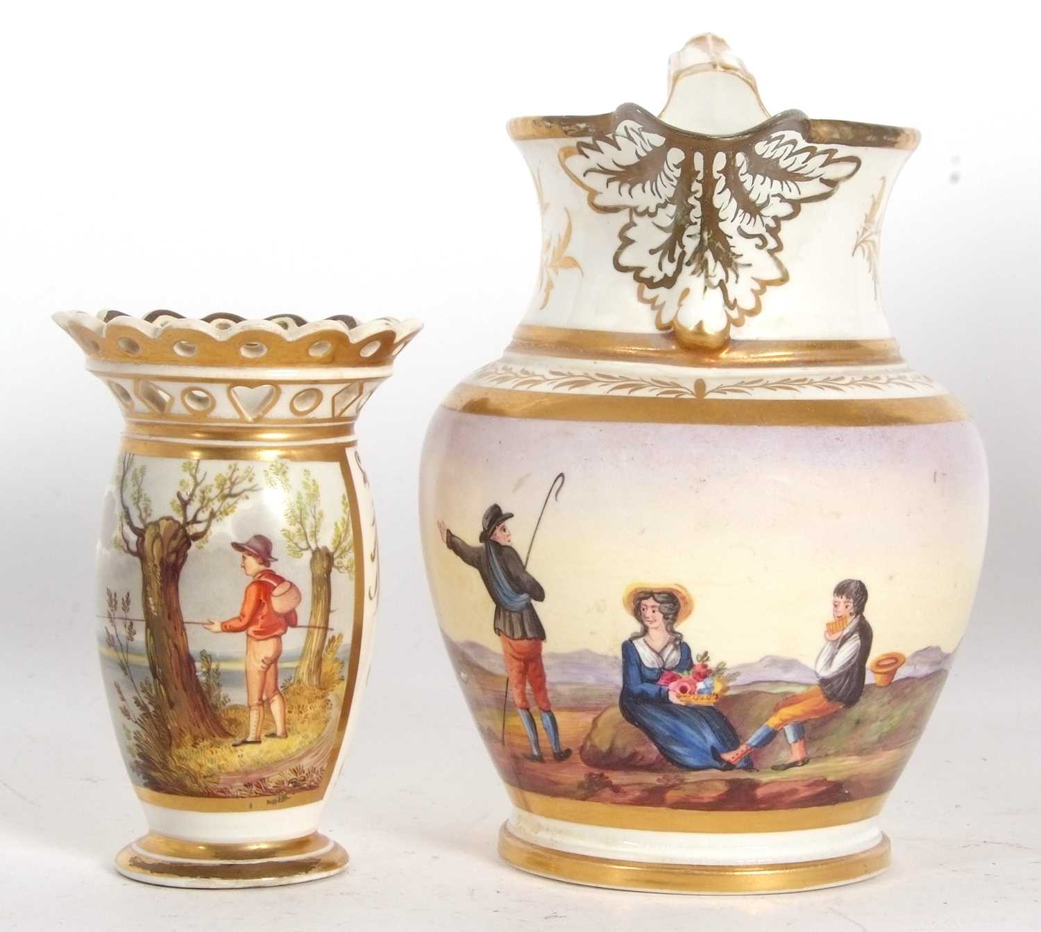 Early 19th Century jug painted with a pastoral scene of figures in a landscape with guilded floral - Image 2 of 6