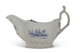 A Liverpool porcelain William Reid sauce boat of moulded form with painted Chinoiserie scenes,