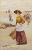 Ralph Todd (British,1856-1932), Fishergirl on the beach, watercolour, signed, 7x11ins, framed and