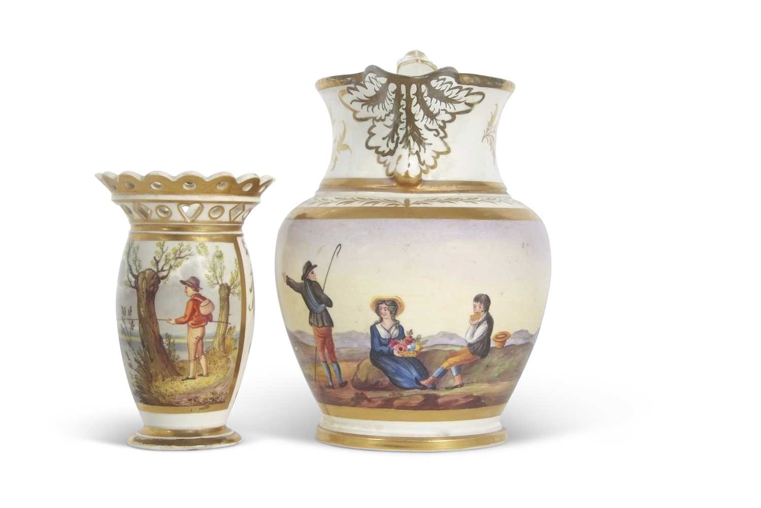Early 19th Century jug painted with a pastoral scene of figures in a landscape with guilded floral