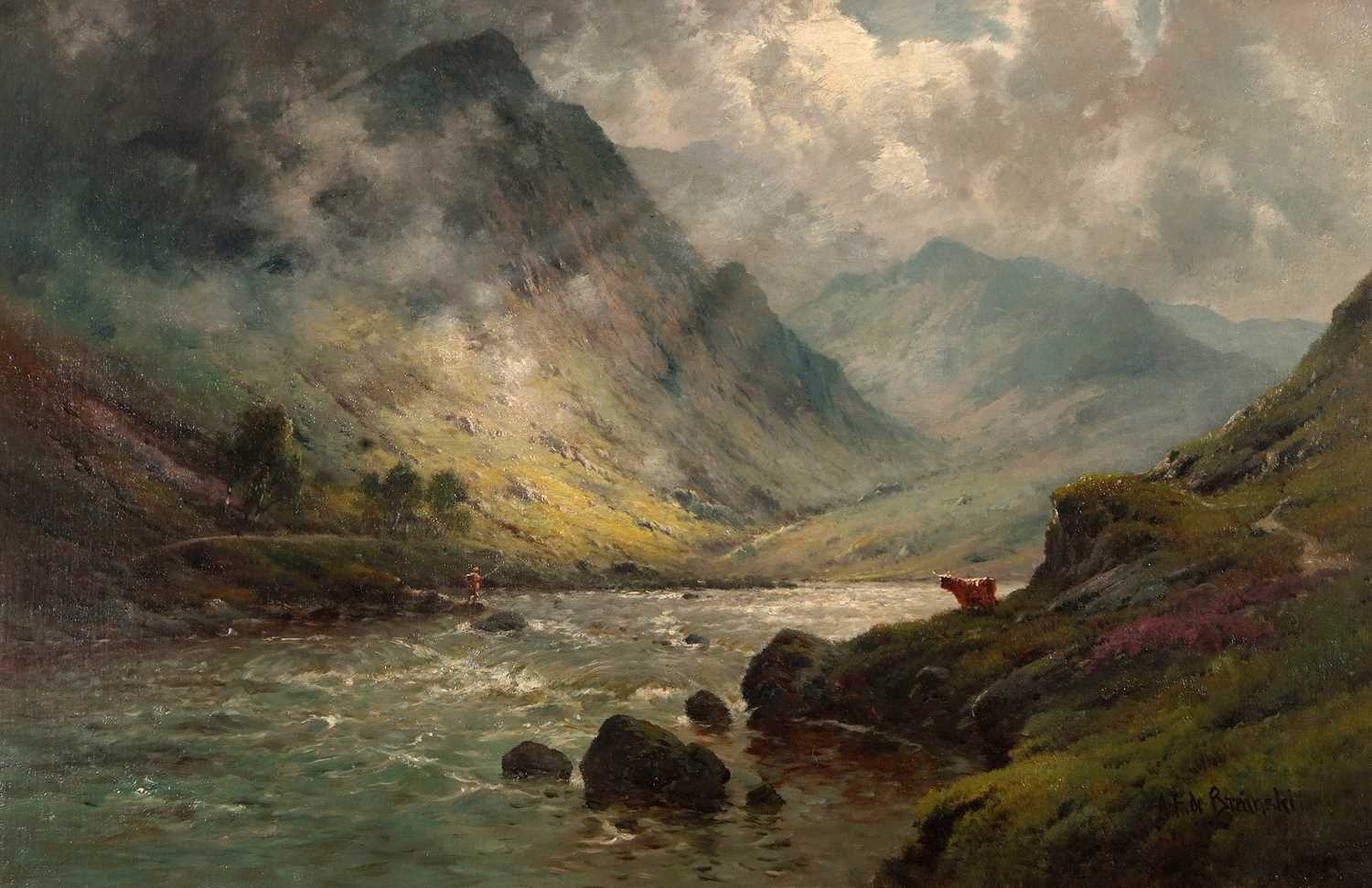 Alfred De Breaski Jnr (British,1877-1957), Highland scene, inscribed on canvas verso: 'In the Pass - Image 3 of 5