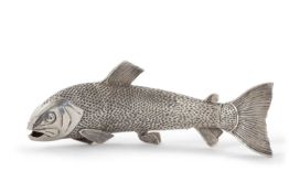 An Elizabeth II silver pepper grinder in the form of a salmon, chased and engraved detail with an