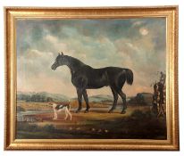 Mid 20th century English school, Black Horse and Pointer dog in an extensive landscape, oil on