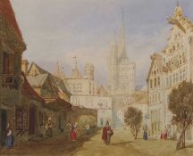 Follower of John Sell Cotman (British,1810-1858), Continental Town Square, watercolour, bears