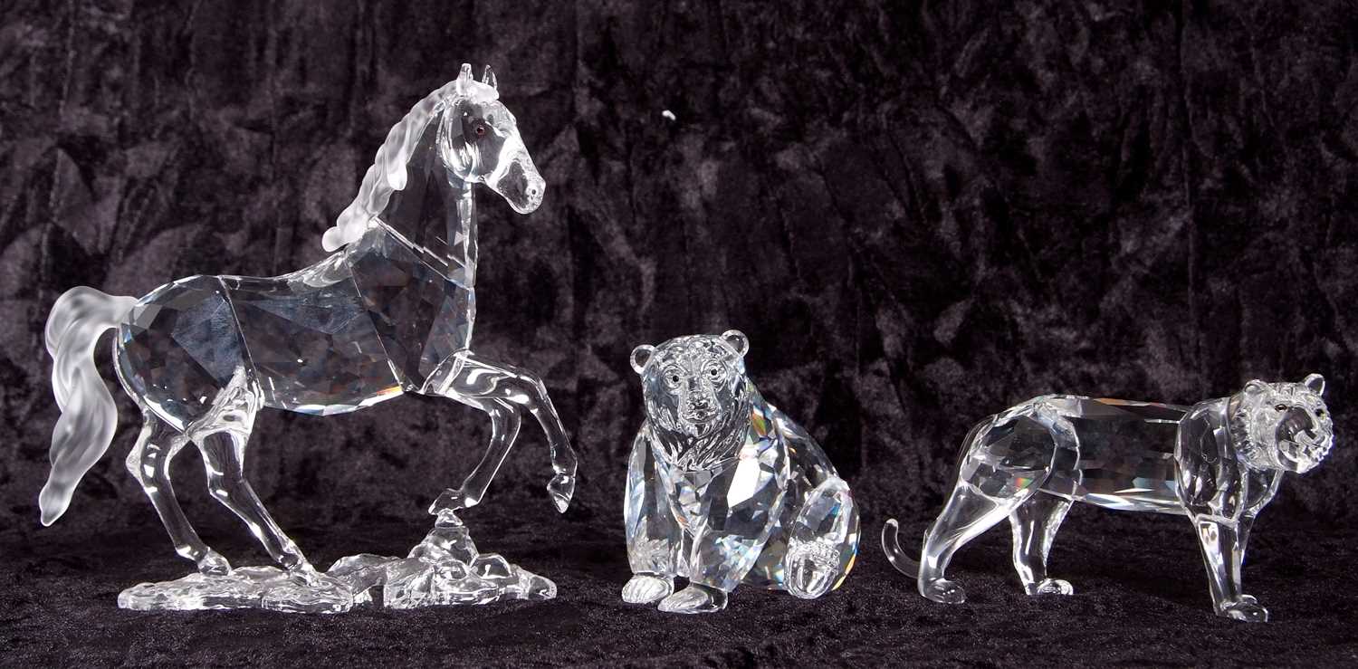 A Swarovski model of a prancing horse on shaped base together with a model of a bear and a tiger, - Image 2 of 9