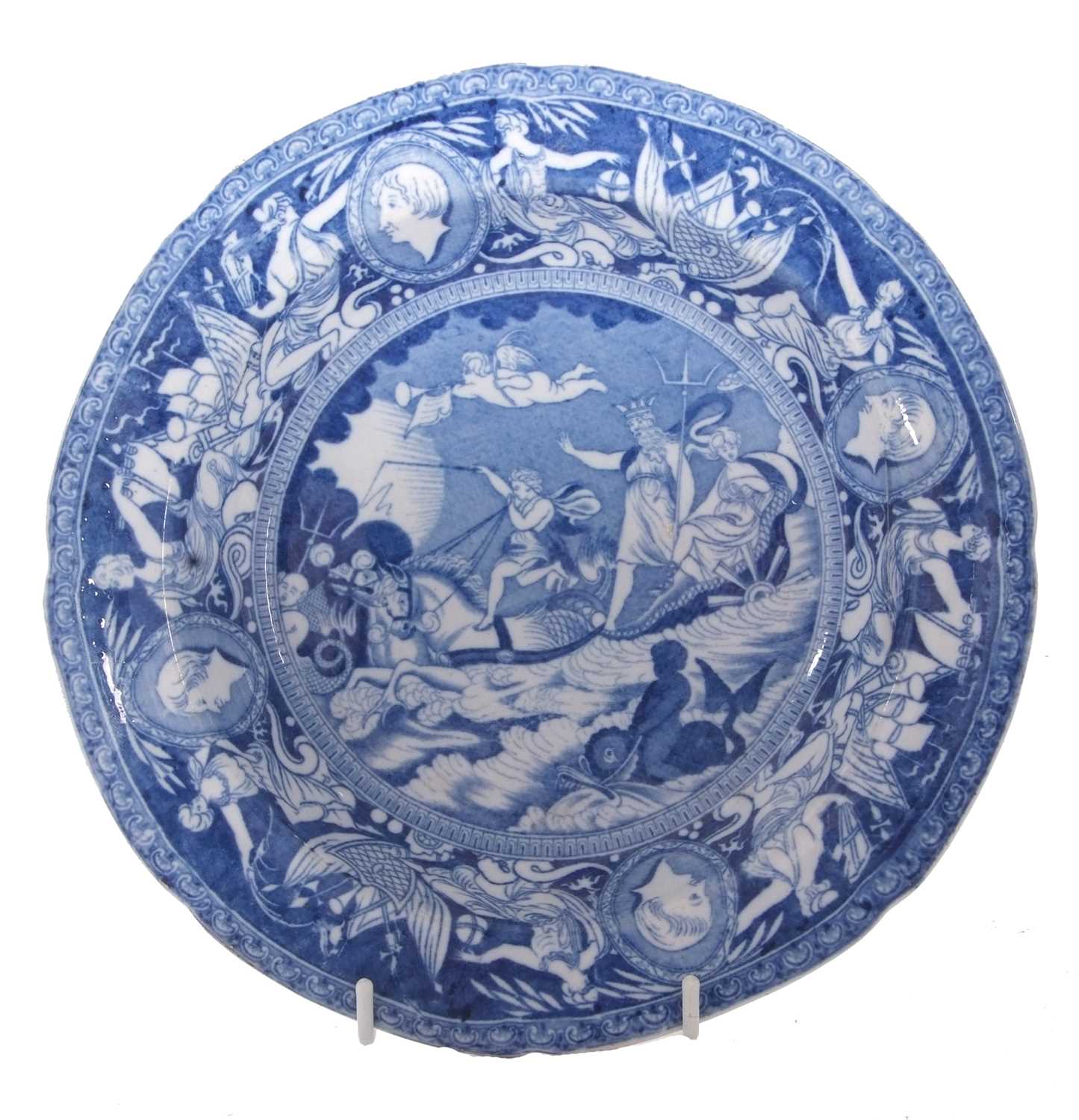 A rare pearlware plate c1810 printed in underglaze blue with an allegorical scene of Nelson being - Image 2 of 4